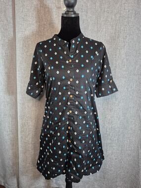 Fusion Black Blue Geometric Print Cotton Shirt Dress M Roll Tab Sleeve Boho